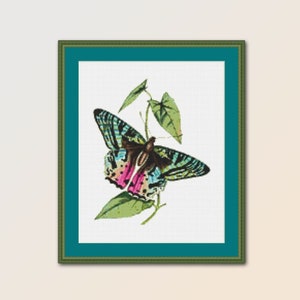 Patrón de punto de cruz Mariposa sobre hojas, gráfico de descarga digital instantánea (427)