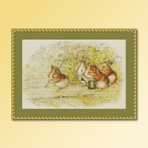 May include: A cross-stitch embroidery of three brown and white mice sitting on a log in a green forest setting. The mice are holding a stick, a cup, and a watering can.
