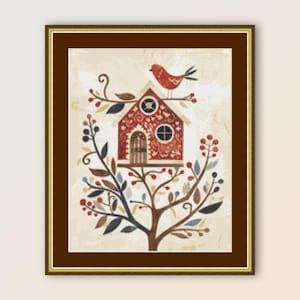 Volkskunst Vogelhaus Kreuzstichmuster, sofortiger digitaler Download, druckbare abstrakte PDF-Blumenkarte (328)