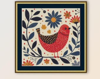Puede incluir: Un pájaro rojo y negro con fondo blanco. El pájaro está rodeado de flores y hojas azules, rojas y amarillas. La imagen está en un marco dorado.