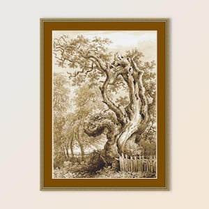 May include: A black and white drawing of a large, gnarled tree with branches reaching up towards the sky. The tree is surrounded by smaller trees and bushes, and there is a fence in the foreground.
