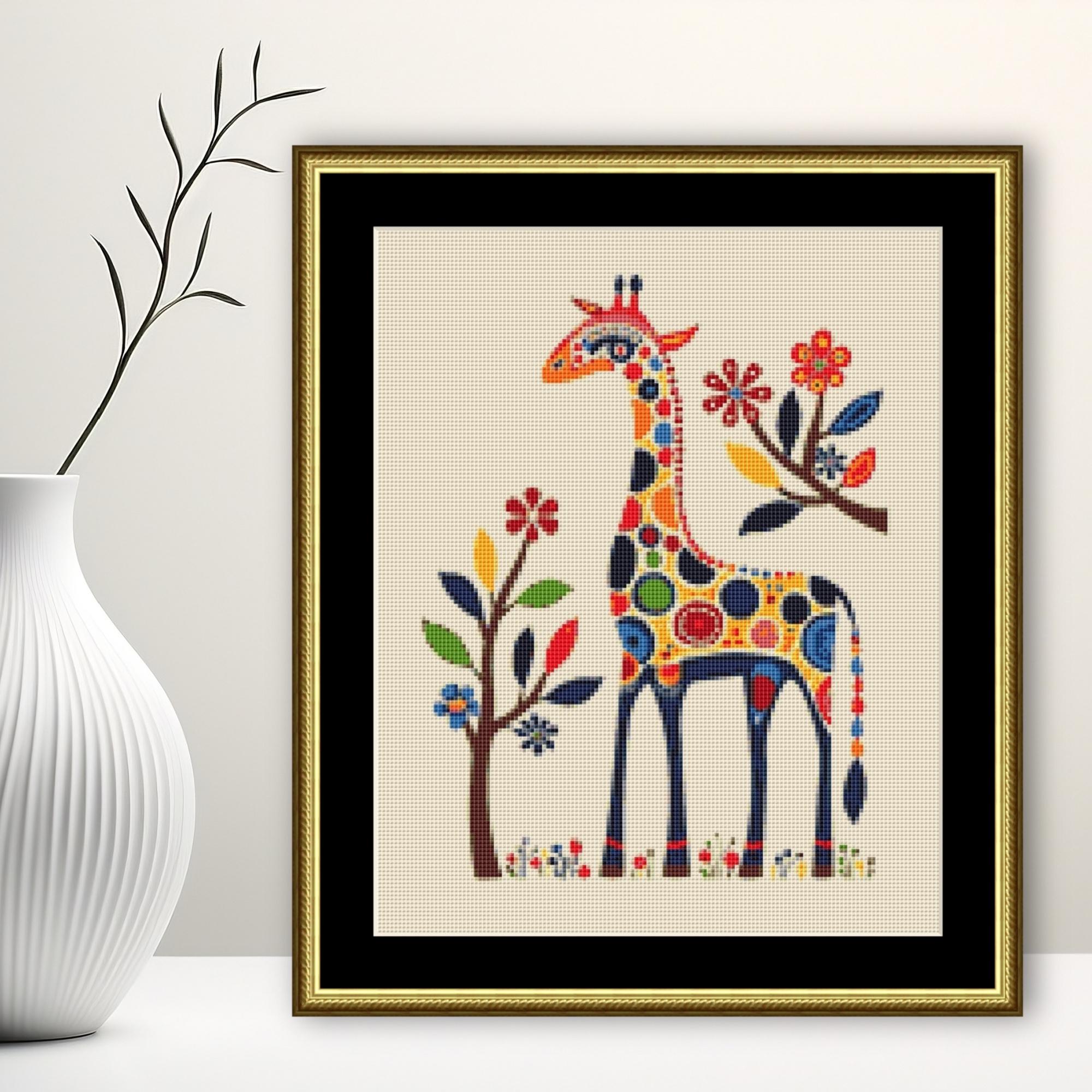 Folk Art Giraffe Cross Stitch Pattern: Primitive Floral Nursery