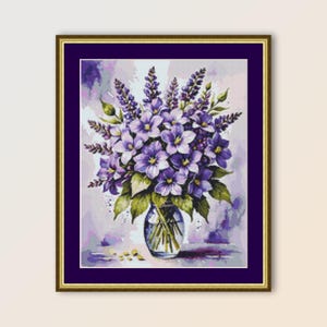 lila Blumenstrauß Kreuzstichmuster, sofortiger digitaler Download, druckbare Blumen PDF-Chart (582)