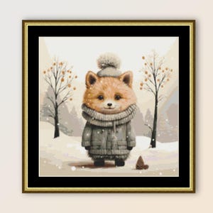 Little Fox in Winter Cross Stitch Pattern, Instant Digital Download Lnadscape, Printable PDF Whimsical Animal Chart  (588)