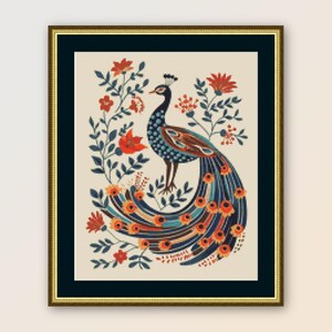 Peut inclure: Un motif de point de croix représentant un paon avec un corps bleu, vert et marron et une grande queue colorée. Le paon est entouré de fleurs rouges et orange.