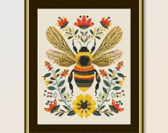 Folk Art Bee Cross Stitch Pattern: Primitive xStitch Chart (PDF Download)  #014