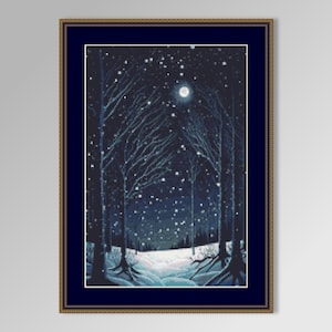 Puede incluir: Una escena de bosque nevado con una luna llena brillando en el cielo nocturno. Los árboles están desnudos y el suelo está cubierto de nieve. La escena está pintada en tonos de azul y blanco.