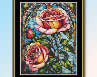 Roses Cross Stitch Pattern, Instant Download, Printable PDF Floral Stained Glass Chart  (199)