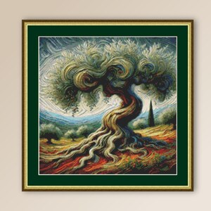 Patrón de punto de cruz de paisaje abstracto, "Árbol viejo y retorcido", descarga digital instantánea, gráfico PDF imprimible (673)