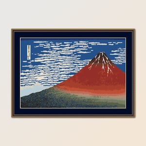 Modèle de point de croix du mont Fuji, « beau vent matin clair », téléchargement numérique instantané, carte de paysage imprimable, Katsushika Hokusai (619)