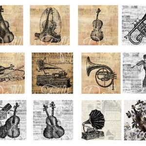 Zwölf druckbare Musik Bilder für Junk Journals, Art Journals, Scrapbooking, Karten, Geschenke, JPG und PDF, Sofortdownload (SQ002)