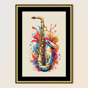 May include: A gold saxophone with a colorful abstract background. The background features splashes of red, blue, yellow, and orange paint.