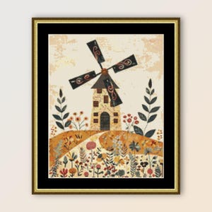 May include: A cross-stitch pattern featuring a whimsical windmill with a brown roof and black blades, surrounded by a field of colorful flowers and greenery. The windmill is set against a light beige background.