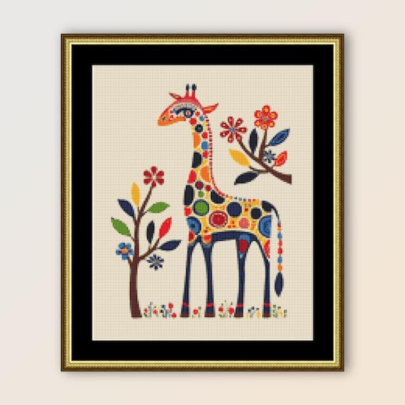 Folk Art Giraffe Cross Stitch Pattern: Primitive Floral Nursery
