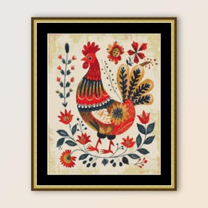 May include: A colorful rooster with red, orange, yellow, and blue feathers stands in a field of flowers. The rooster is surrounded by green leaves and red, orange, and yellow flowers.