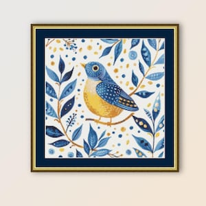 Blaumeise Kreuzstichmuster, sofortiger digitaler Download Volkskunst, druckbare PDF botanische Karte (341)