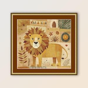 Volkskunst Löwe Kreuzstichmuster, sofortiger digitaler Download, druckbare PDF-Datei Abstrakt Primitive Blumen Wildtier Karte (306)