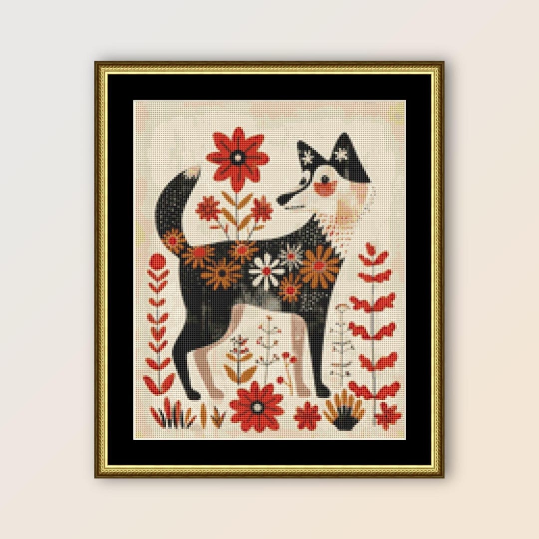 Folk Art Fox Cross Stitch Pattern: Primitive Floral Xstitch Chart ...
