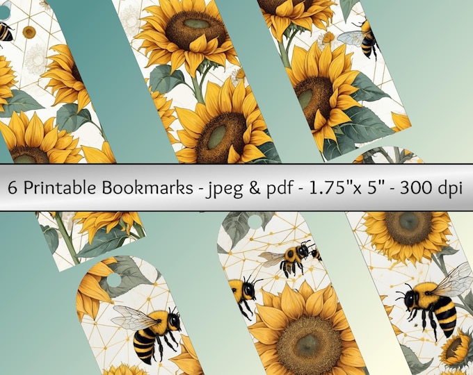 Sunflower and Bees Printable Bookmarks: Floral Bookmark Set (PDF & JPEG ...