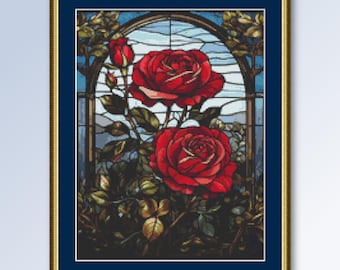 Red Roses  Cross Stitch Pattern, Instant Download, Printable PDF Floral Stained Glass Chart  (218)