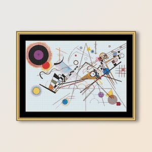 May include: Abstract art painting with geometric shapes and lines in black, white, red, yellow, blue, and purple on a white background.