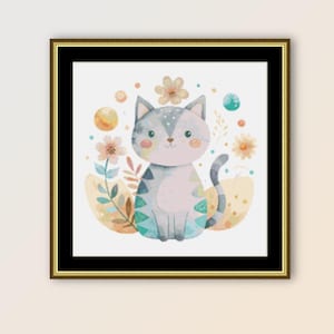 Folk Art Kitten Cross Stitch Pattern, Instant Digital Download, Printable PDF Floral Chart  (351)