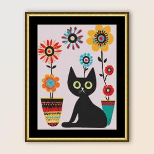 Kitty Cat & Flower Pots #2 Cross Stitch Pattern, Instant Digital Download Folk Art, Printable Primitive Abstract PDF Floral Chart  (354)