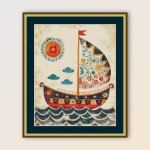 Patrón de punto de cruz de barco de vela de arte popular, descarga digital instantánea, carta náutica abstracta primitiva imprimible en formato PDF (262)