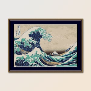 May include: A framed print of a famous Japanese woodblock print, "The Great Wave off Kanagawa" by Katsushika Hokusai. The print depicts a large wave crashing over three boats with Mount Fuji in the background.