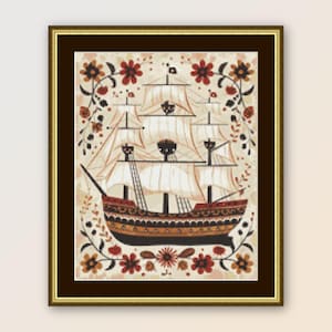 Volkskunst Segelschiff Kreuzstichmuster, sofortiger digitaler Download, druckbare Primitive PDF Seekarte (143)