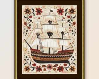 Folk Art Sailing Ship Cross Stitch Pattern: Primitive Nautical xStitch Chart (PDF Download)  #143
