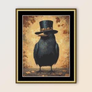 Kraai draagt hoge hoed kruissteekpatroon, "Dapper Chap", instant digitale download, afdrukbare antropomorfe dierenkaart (431)