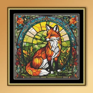 Puede incluir: Obra de arte en vidriera enmarcada que representa un zorro. El zorro es de color naranja y blanco, sobre un fondo de un paisaje amarillo y verde. La obra está enmarcada en un marco dorado con un borde negro.