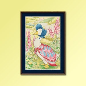 May include: A white duck wearing a blue bonnet and a red and blue patterned dress stands in a field of pink flowers. The duck is looking to the left of the image.