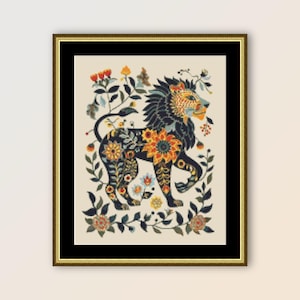 Volkskunst Löwe Kreuzstichmuster, sofortiger digitaler Download, druckbare abstrakte PDF-Blumenkarte (197)