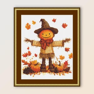 Happy Scarecrow Cross Stitch Pattern, Instant Digital Download, Printable PDF Autumn Fall Landscape Chart  (506)
