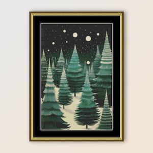 Wald nach Einbruch der Dunkelheit Kreuzstich Muster, sofortiger digitaler Download Volkskunst, druckbare primitiv PDF botanische Landschaftskarte (456)