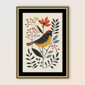 Little Bird Cross Stitch Pattern, Instant Digital Download Folk Art, Printable Primitive, Abstract PDF Floral Chart  (023)