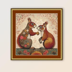 May include: Two squirrels with brown and orange fur are shown in a close-up. The squirrel on the left has a floral pattern on its fur. The squirrels are facing each other and appear to be touching noses. The background is a light beige with a floral pattern.
