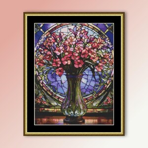 Vase of Flowers Cross Stitch Pattern, Instant Digital Download, Printable PDF Floral Stained Glass Chart  (257)