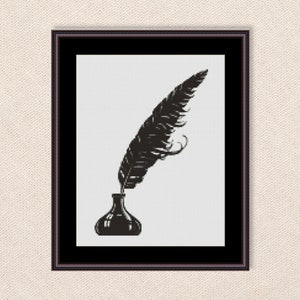 May include: Black and white illustration of a quill pen in an inkwell. The quill is a single feather with a pointed tip and the inkwell is a round glass bottle with a stopper.