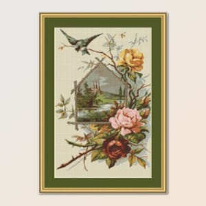 Padrão de ponto cruz de rosas vintage, download digital instantâneo, gráfico floral para impressão (768)