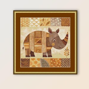 May include: A brown and tan patchwork rhinoceros with a friendly face, standing on a background of brown, tan, and white patterned squares.
