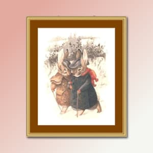 Könnte beinhalten: Zwei braune Kaninchen in Mänteln und Hüten gehen nebeneinander in einer verschneiten Landschaft. Das Kaninchen links trägt einen braunen Mantel und einen braunen Hut. Das Kaninchen rechts trägt einen dunkelblauen Mantel und einen roten Schal.