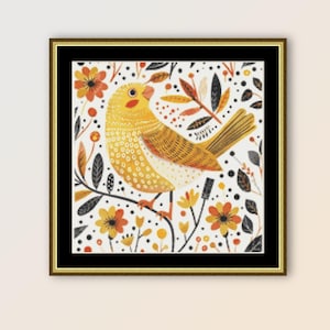 Kleiner Kanarienvogel Kreuzstichmuster, sofortiger digitaler Download Volkskunst, druckbare Primitive, abstrakte PDF botanische Karte (343)