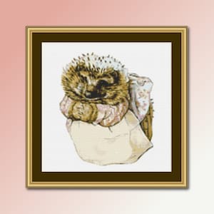 May include: A cross-stitch pattern featuring a brown and white hedgehog wearing a pink and white dress. The hedgehog is curled up in a ball, with its head resting on its paws.