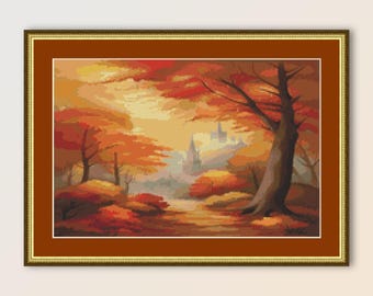 May include: A cross-stitch embroidery of a forest scene with a castle in the distance. The trees are in shades of orange, red, and yellow, and the sky is a soft orange.