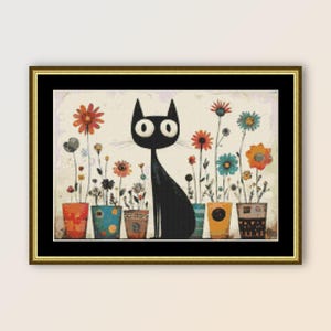 May include: A black cat with big eyes sits in front of a row of colorful flower pots. The pots are decorated with different patterns and colors. The flowers are in bloom and have a variety of colors, including red, orange, yellow, and blue.