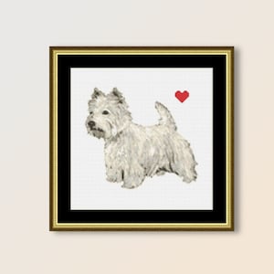 May include: A white West Highland White Terrier dog with a red heart above it. The dog is standing on a white background and is framed in a gold frame.