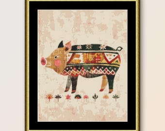 Patrón de punto de cruz de cerdo de arte popular: Diseño floral primitivo (PDF)